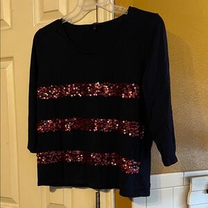Talbots Sequin red heart Striped BlueTop.